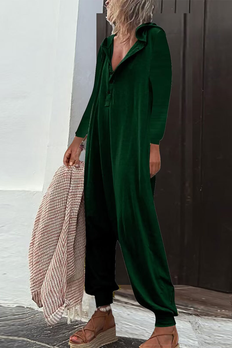 Casual Solid Buttons Hooded Collar Loose Jumpsuits (8 colores)