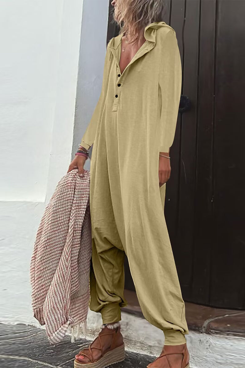 Casual Solid Buttons Hooded Collar Loose Jumpsuits (8 colores)