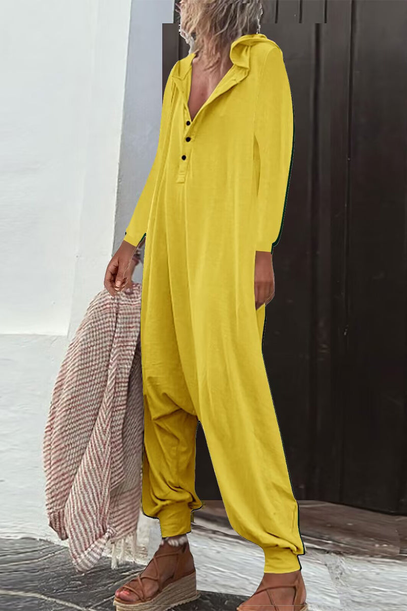 Casual Solid Buttons Hooded Collar Loose Jumpsuits (8 colores)