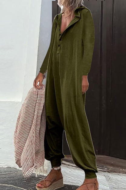 Casual Solid Buttons Hooded Collar Loose Jumpsuits (8 colores)