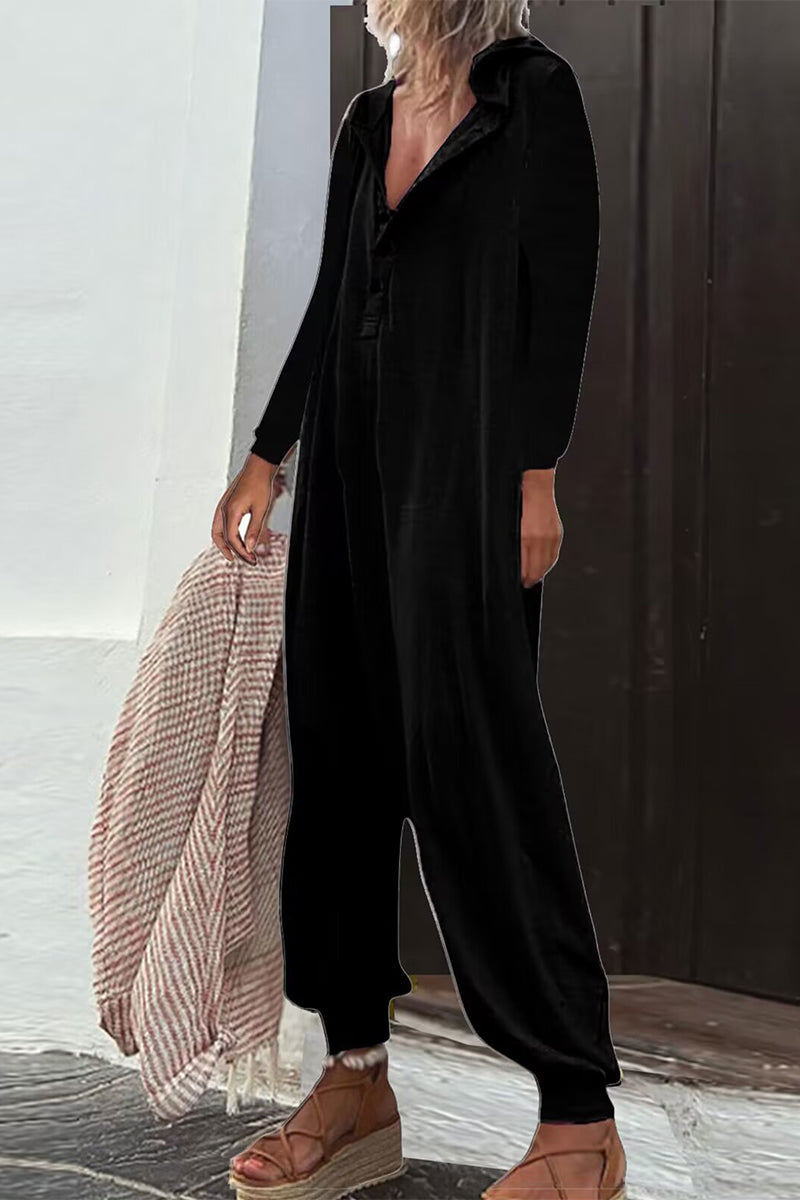 Casual Solid Buttons Hooded Collar Loose Jumpsuits (8 colores)