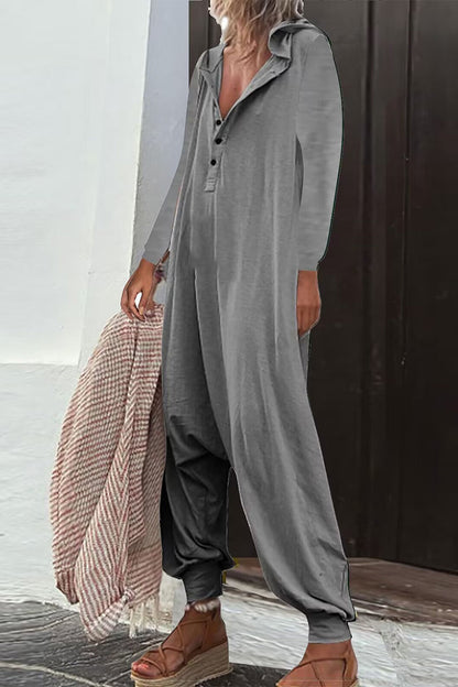 Casual Solid Buttons Hooded Collar Loose Jumpsuits (8 colores)