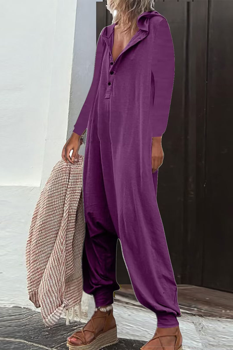 Casual Solid Buttons Hooded Collar Loose Jumpsuits (8 colores)