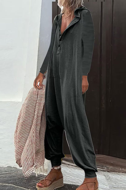 Casual Solid Buttons Hooded Collar Loose Jumpsuits (8 colores)