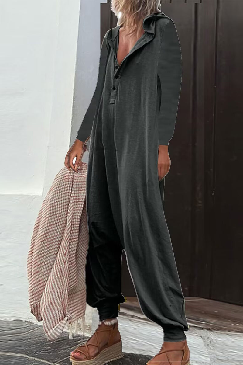 Casual Solid Buttons Hooded Collar Loose Jumpsuits (8 colores)