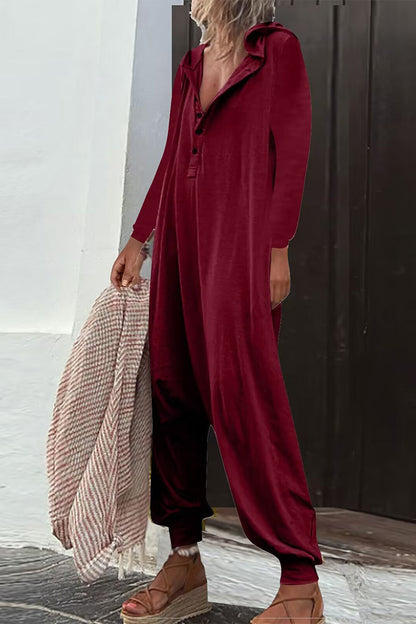 Casual Solid Buttons Hooded Collar Loose Jumpsuits (8 colores)