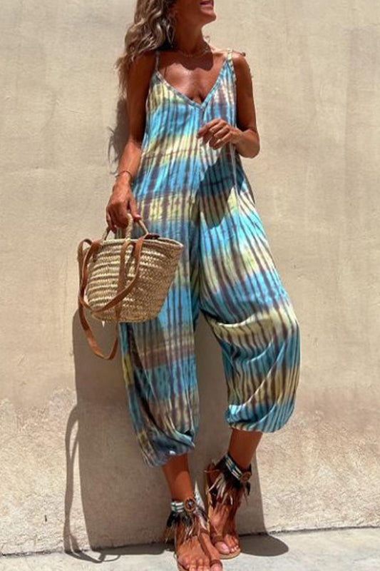 college print pocket v-neck loose jumpsuits con bolsillo en el cuello