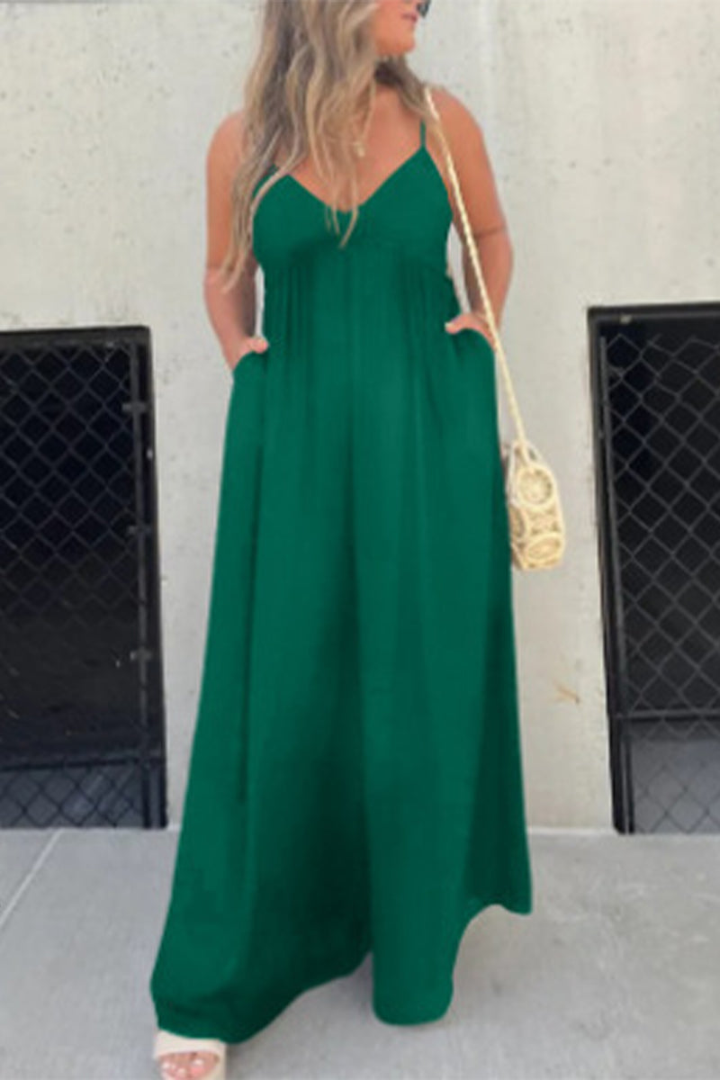 Casual Color Sólido Espalda sin Cuello en V Vestido de Bolsillo (9 Colores)