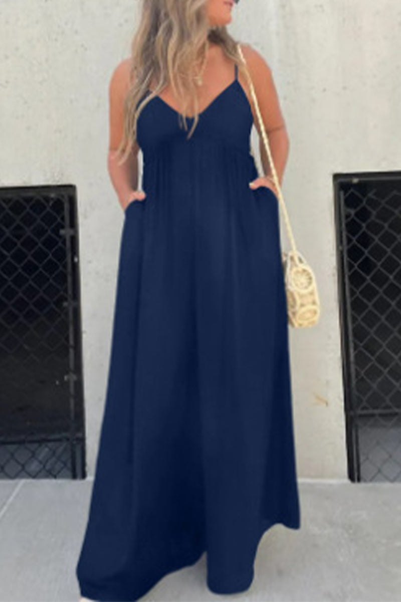 Casual Color Sólido Espalda sin Cuello en V Vestido de Bolsillo (9 Colores)