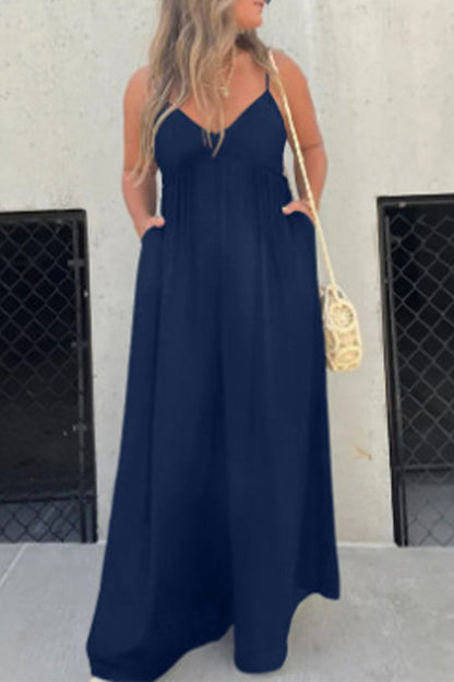 Casual Color Sólido Espalda sin Cuello en V Vestido de Bolsillo (9 Colores)