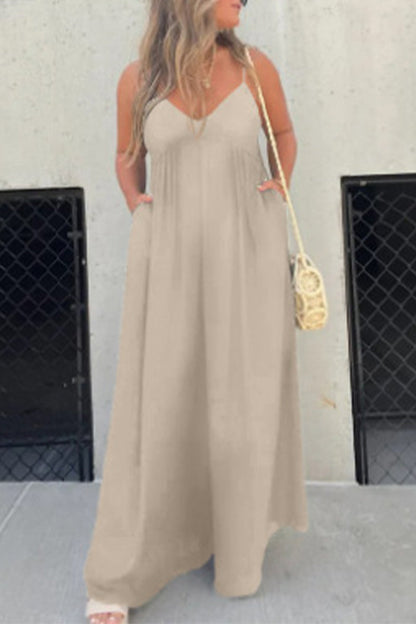Casual Color Sólido Espalda sin Cuello en V Vestido de Bolsillo (9 Colores)