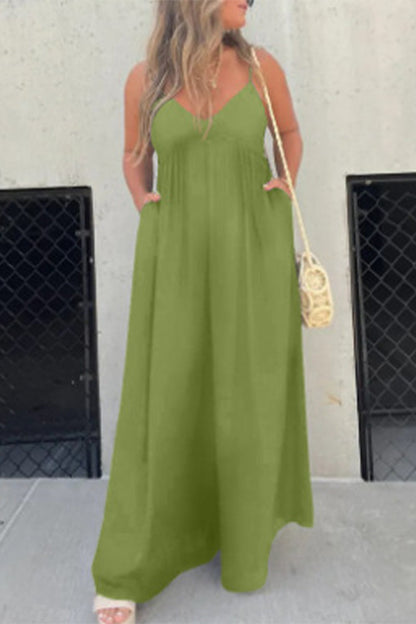 Casual Color Sólido Espalda sin Cuello en V Vestido de Bolsillo (9 Colores)