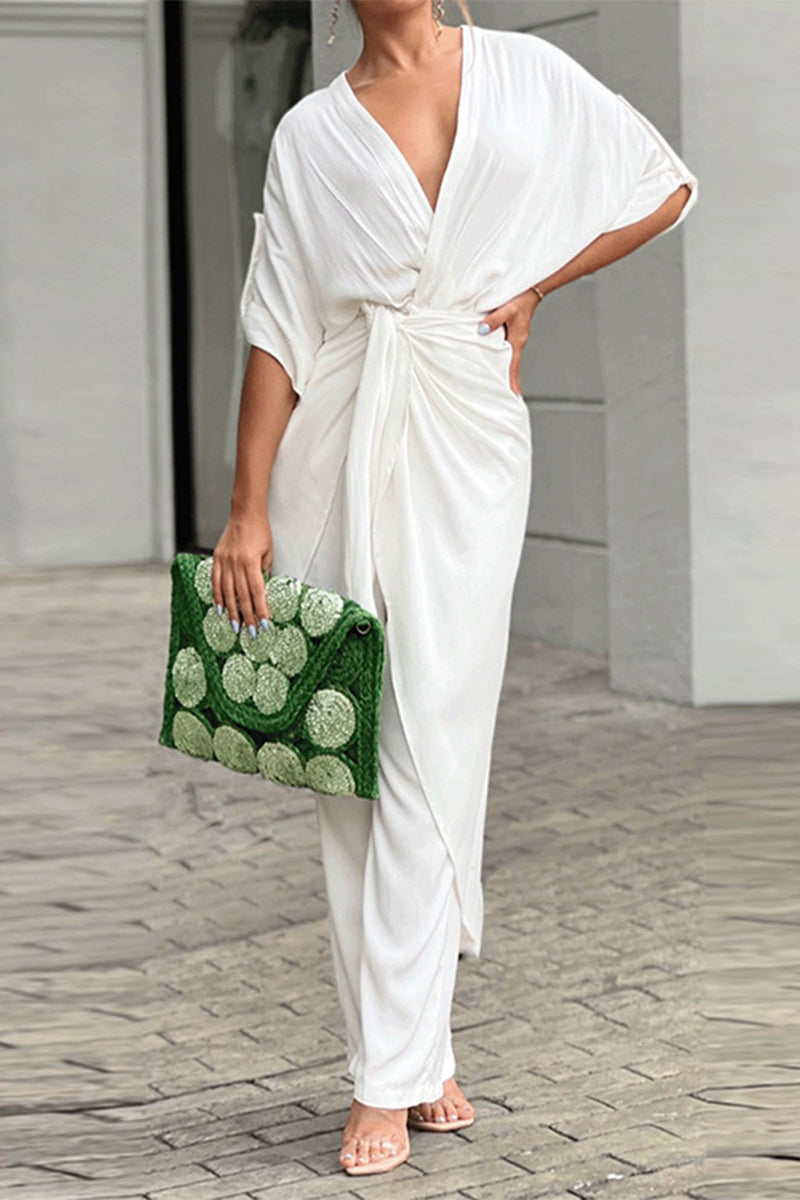 Casual Solid Frenulum V Neck Regular Jumpsuits (3 colores)