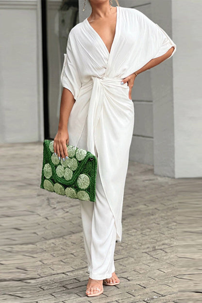 Casual Solid Frenulum V Neck Regular Jumpsuits (3 colores)