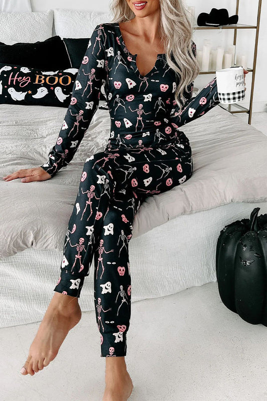 Casual-pantalón-cuello en V con estampado de calavera de dos piezas y manga larga