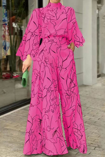 Casual Print Patchwork Half A Turtleneck Sweater Regular Jumpsuits (looseaspberry print)