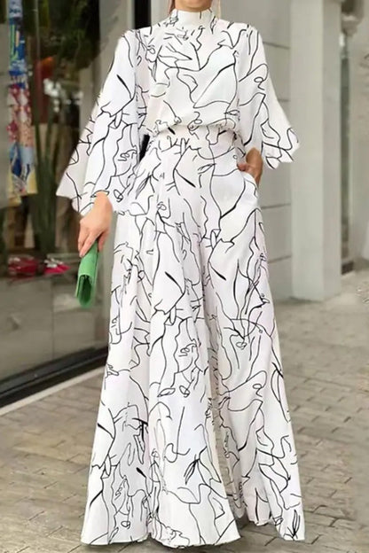 Casual Print Patchwork Half A Turtleneck Sweater Regular Jumpsuits (looseaspberry print)