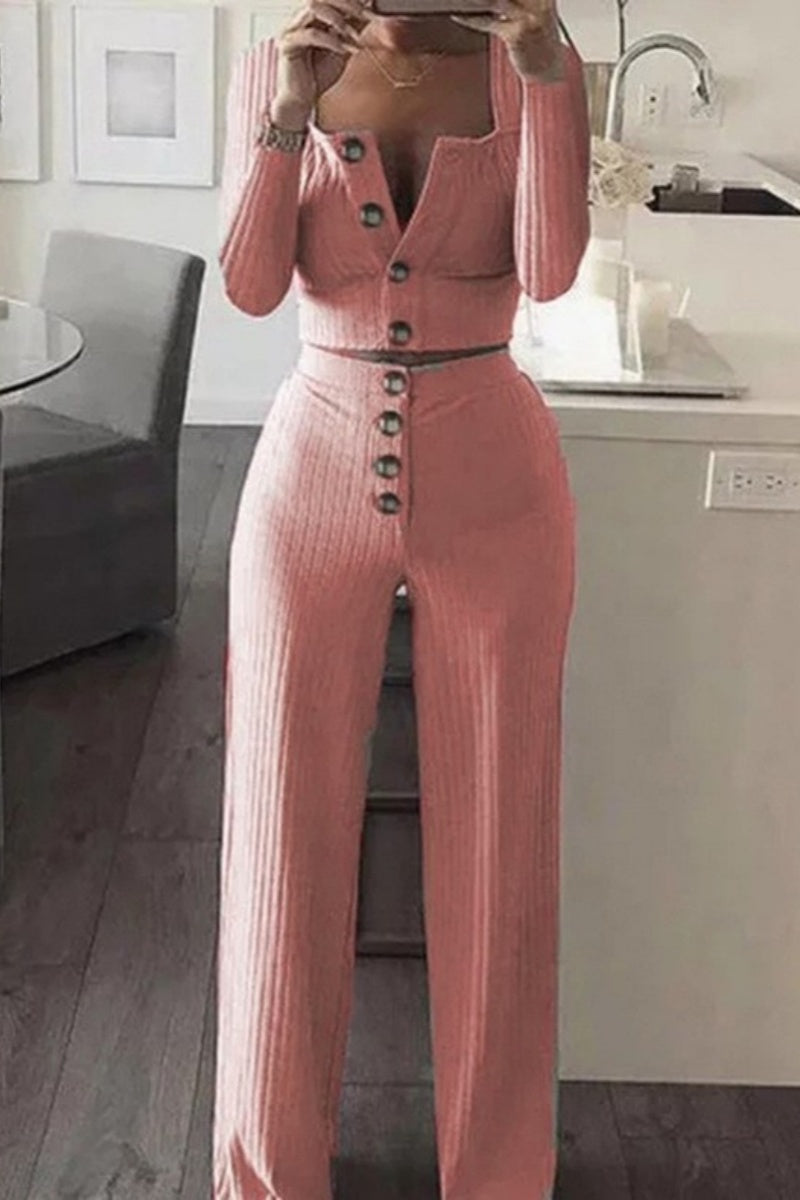 -casual-sólido-botón-chaleco-pantalón-cuello U-sin-mangas-dos-piezas