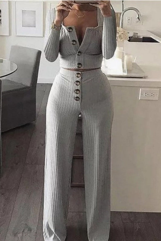 -casual-sólido-botón-chaleco-pantalón-cuello U-sin-mangas-dos-piezas