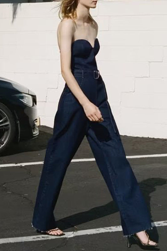 Casual chunky bolsa con cinturón sin tirantes sin mangas denim jumpsuits