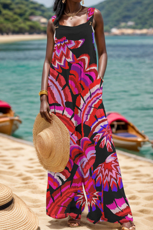 Casual-print-backless-square-brim Regular Jumpsuits