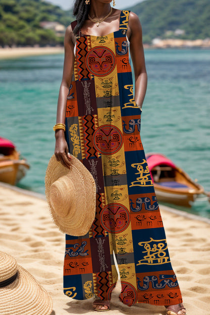 Casual-print-backless-square-brim Regular Jumpsuits