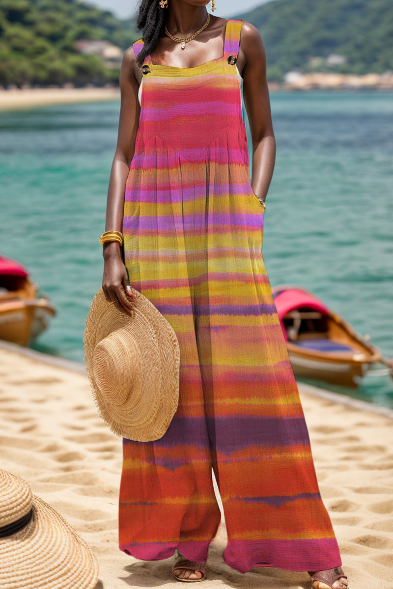 Casual-print-backless-square-brim Regular Jumpsuits