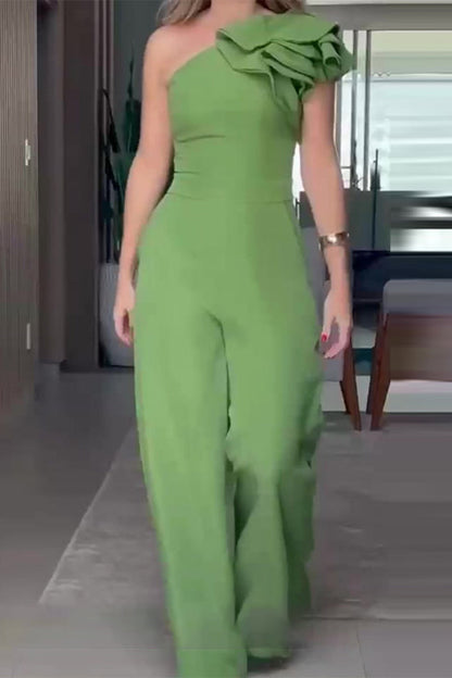 Casual Celebrities Solid Stocks Floral Collar Regular Jumpsuits