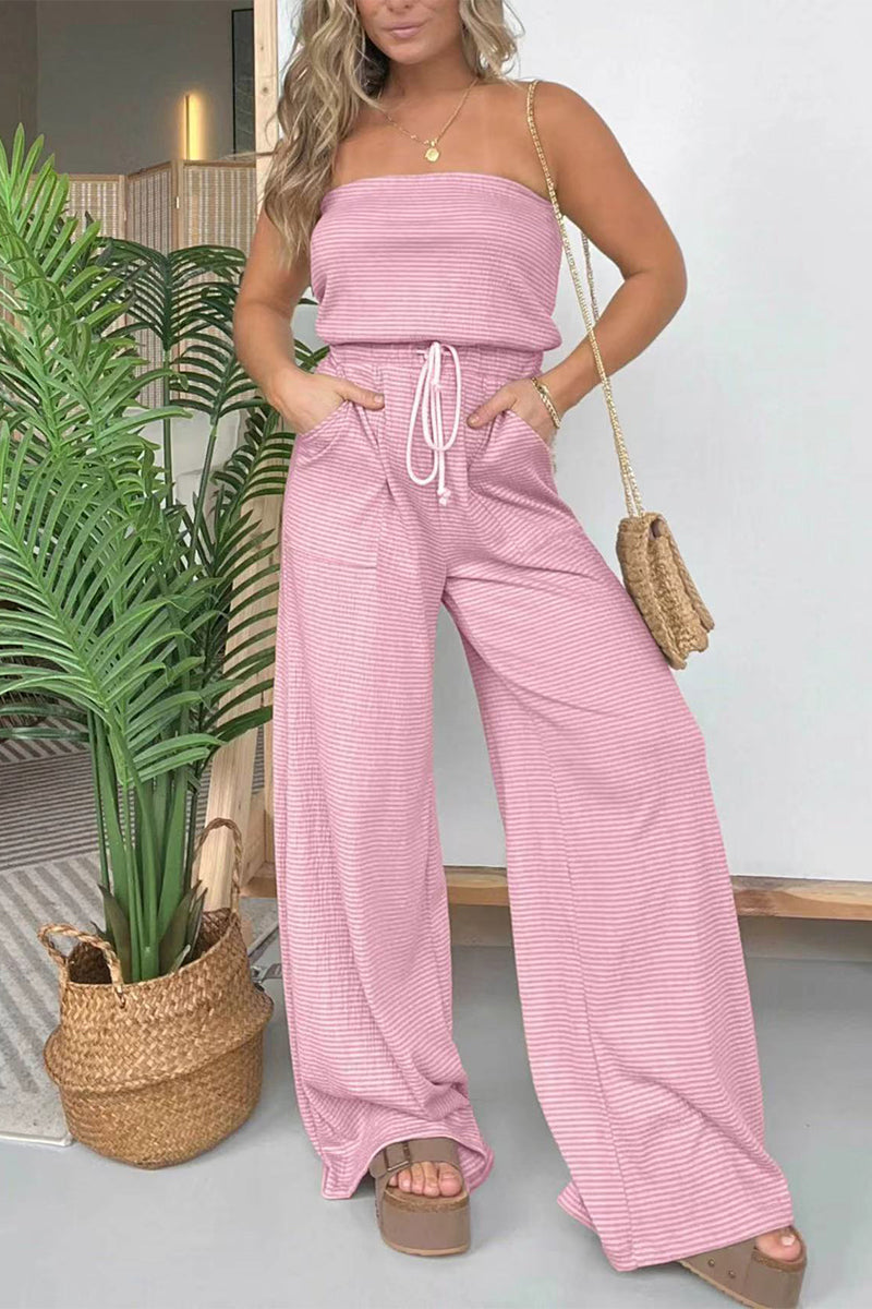 Casual-casual-striped-pull-sack-strapless-regular-jumpsuits