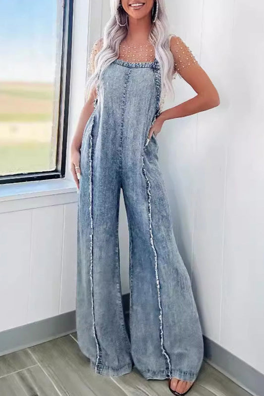 Casual Street Solid Patchwork Backless Square-Collar Sleeveless Loose Denim Jumpsuits (Monos vaqueros sin mangas)