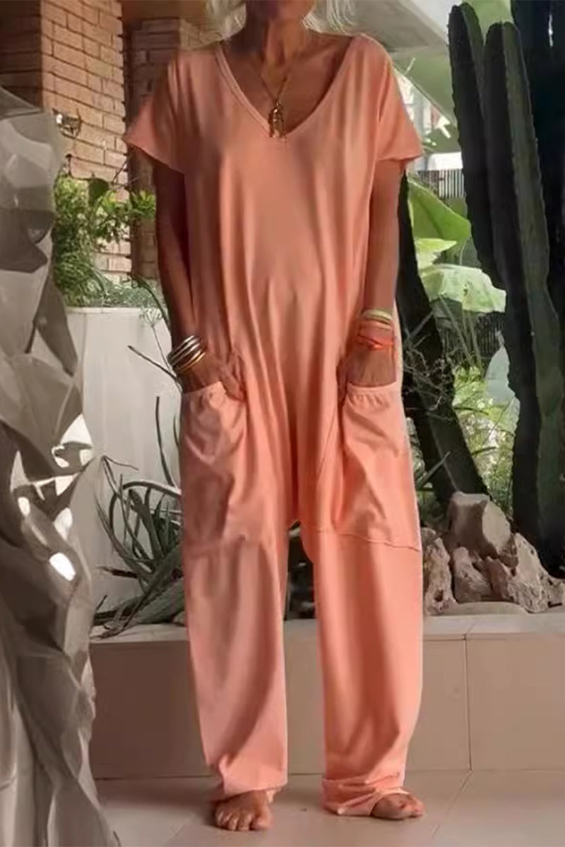 Casual everyday solid color loose-fit jumpsuits with pockets and neckline (8 colores)