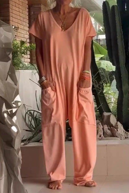 Casual everyday solid color loose-fit jumpsuits with pockets and neckline (8 colores)