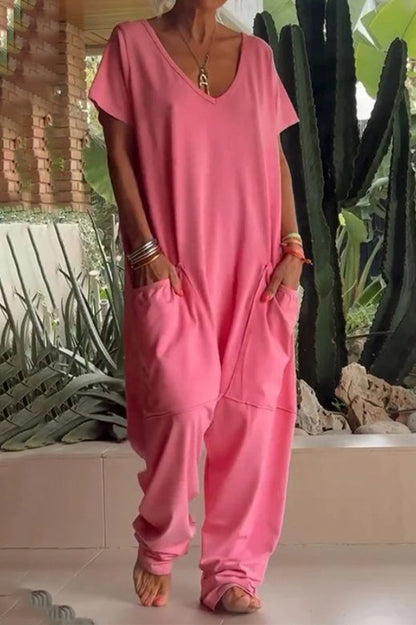 Casual everyday solid color loose-fit jumpsuits with pockets and neckline (8 colores)