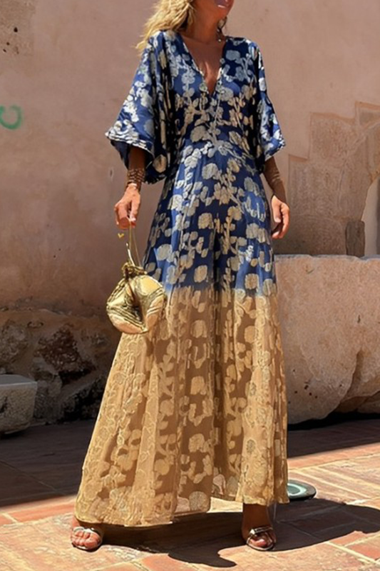 Casual Daily Gradient Printed Bronze Patterned V-neck Loose Jumpsuits