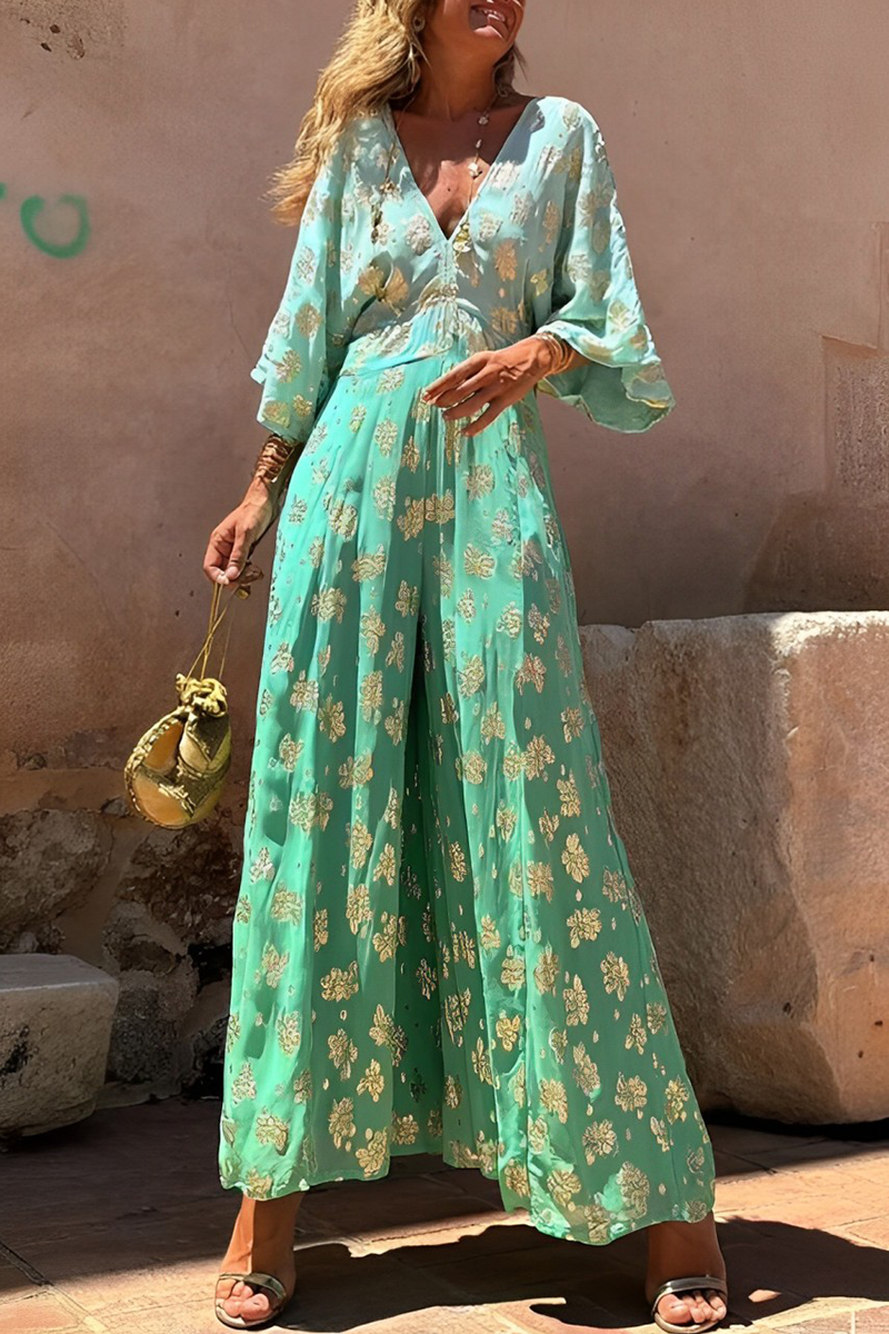 Casual Daily Gradient Printed Bronze Patterned V-neck Loose Jumpsuits