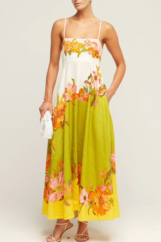 Vestidos sin tirantes con escote cuadrado en contraste, bolsillo y estampado floral
