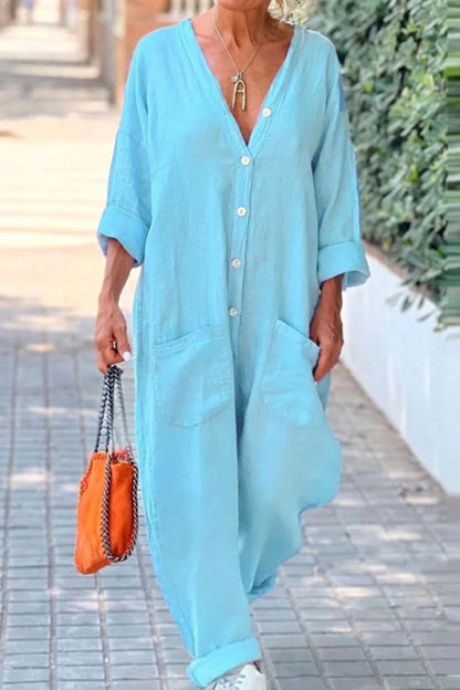 Casual-Color Sólido-Botones-Bolsillo con Cuello- Regular Jumpsuits