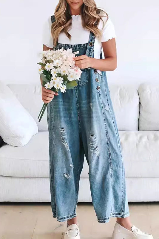 Casual-botones entallados #x008d_square neck sleeveless loose-fitting denim jumpsuits