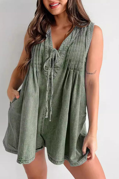 Casual Street Solid Colour Pocket Lace Up V Neck Sleeveless Loose Denim Jumpsuits