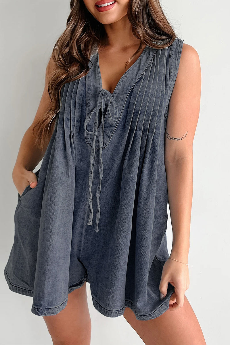Casual Street Solid Colour Pocket Lace Up V Neck Sleeveless Loose Denim Jumpsuits