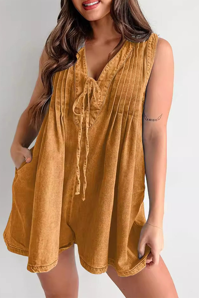 Casual Street Solid Colour Pocket Lace Up V Neck Sleeveless Loose Denim Jumpsuits