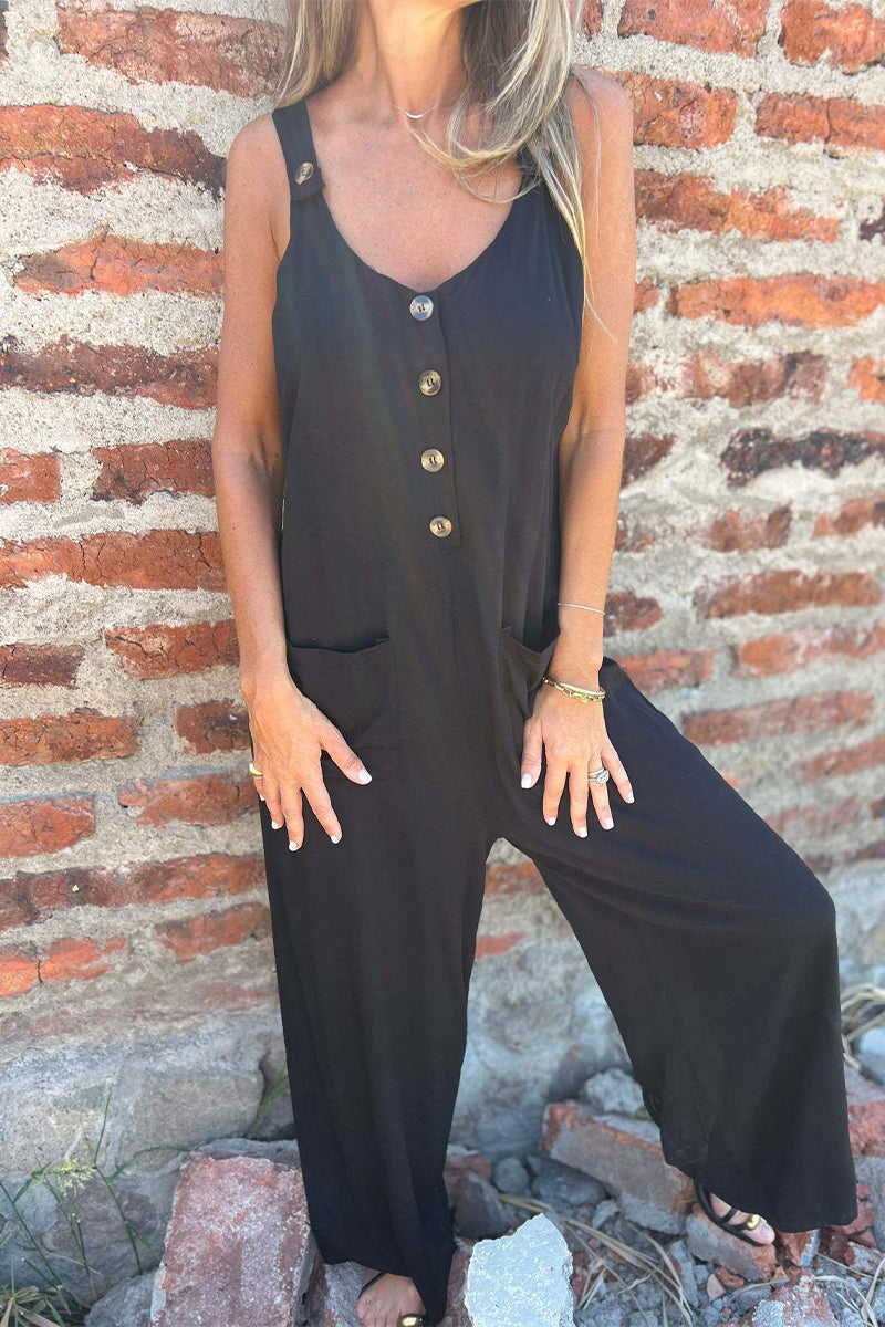 Monos casuales de color sólido con bolsillos de cuello en U sin espalda y botones (en inglés)