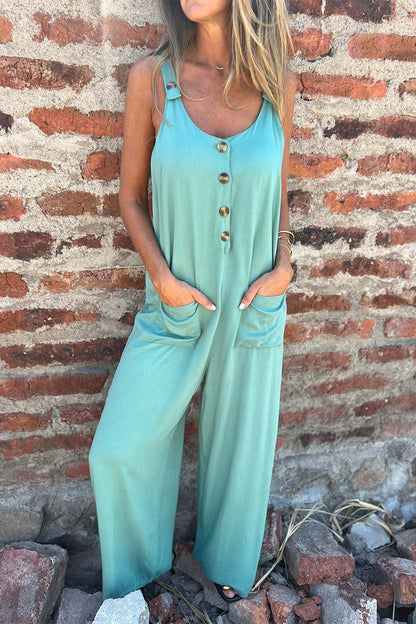 Monos casuales de color sólido con bolsillos de cuello en U sin espalda y botones (en inglés)