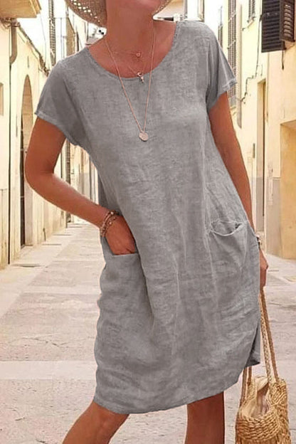 Summer Loose Plain Pocket Sleeves Crew Neck Cotton Linen Shorts