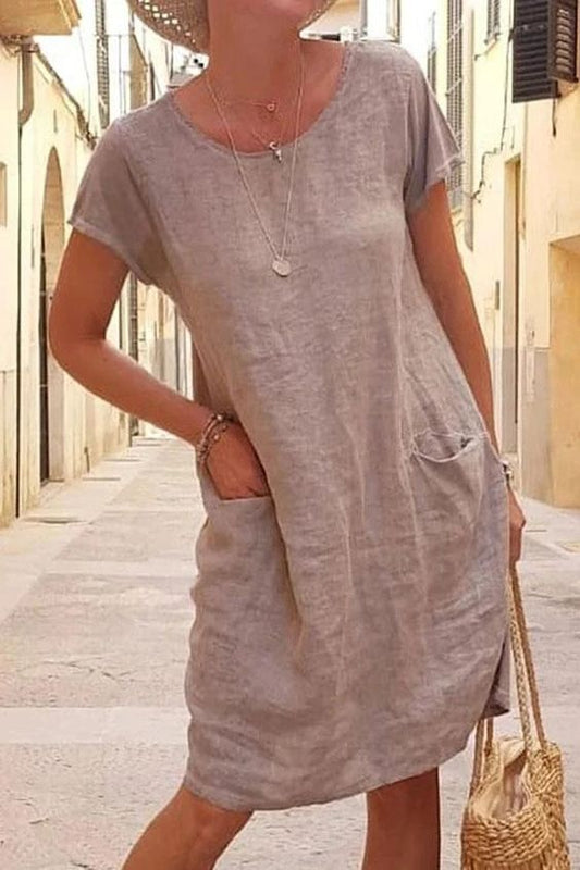Summer Loose Plain Pocket Sleeves Crew Neck Cotton Linen Shorts
