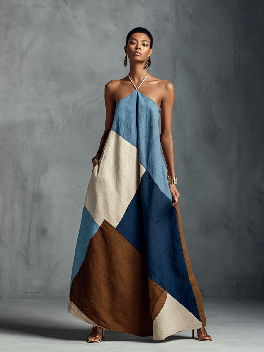 Damska Sukienka Maxi W Łaty Z Dekoltem Halter
