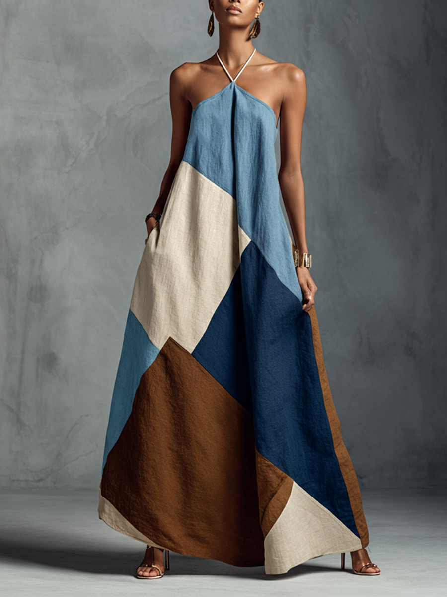 Damska Sukienka Maxi W Łaty Z Dekoltem Halter