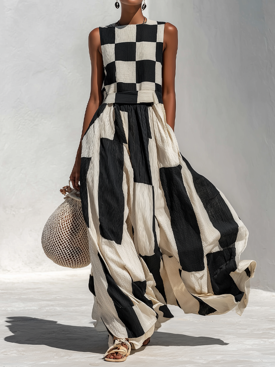 Damska Geometryczna Sukienka Maxi Patchwork