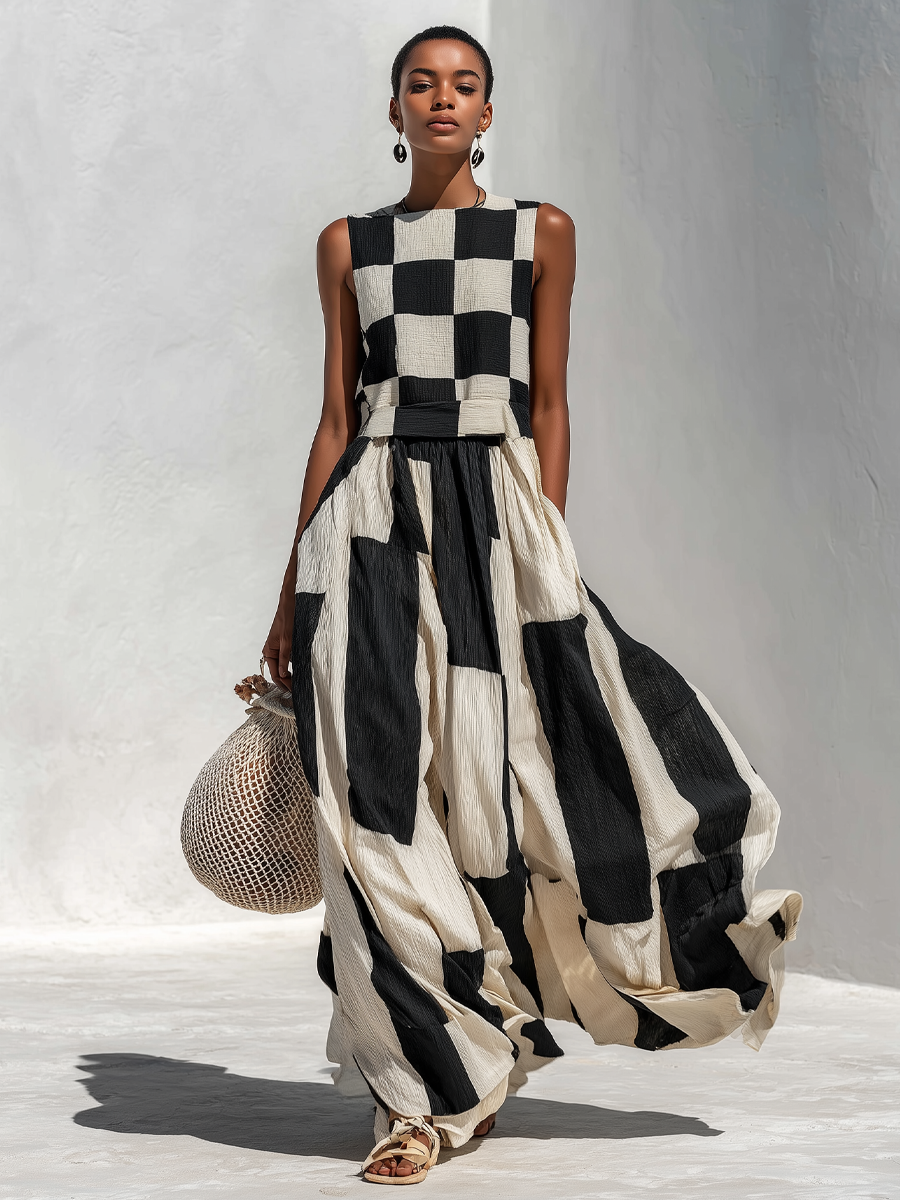 Damska Geometryczna Sukienka Maxi Patchwork