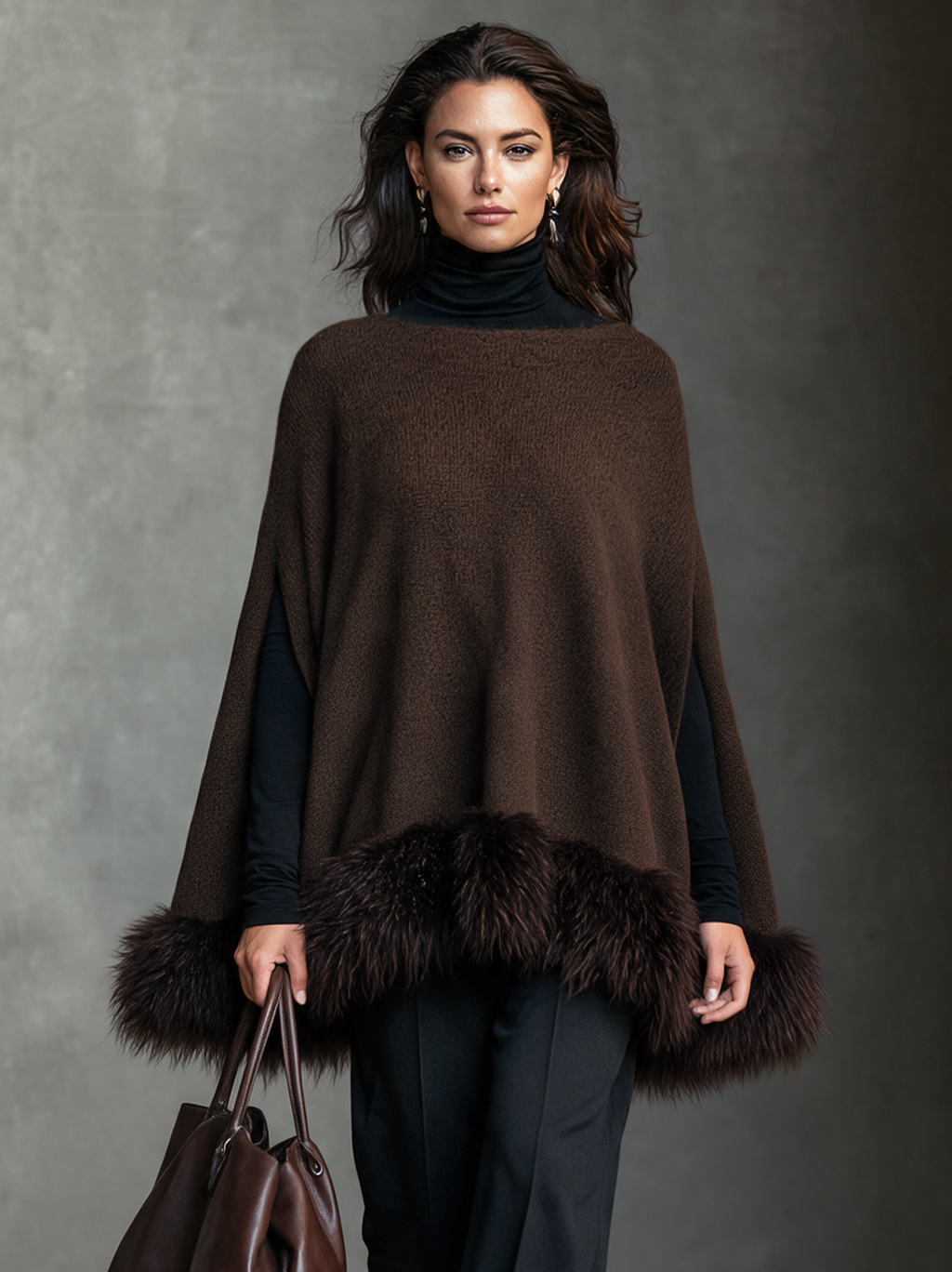 Damskie Poncho Narzutka Oversize Futerkowe Wykończenie